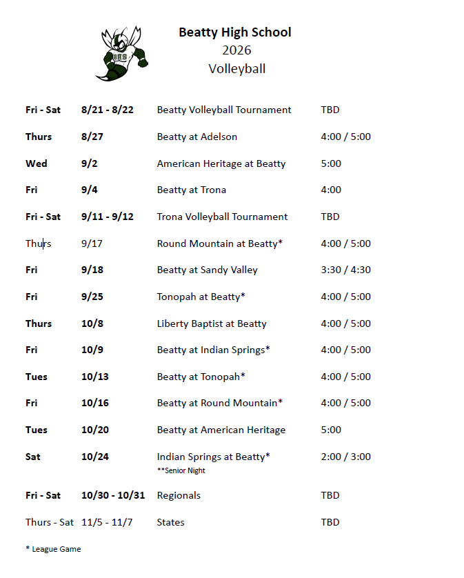 Beatty High School 2026 Volleyball