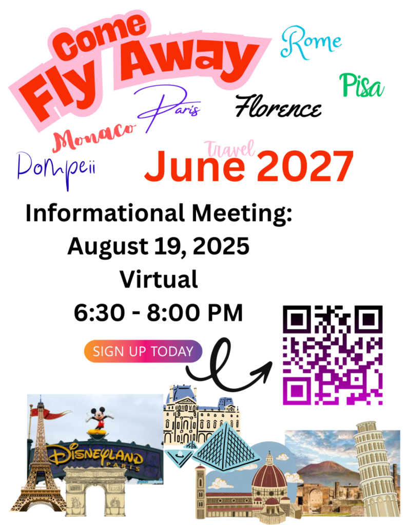 If your current 8th grade or high school student is interested in traveling to Europe, please scan the QR code and register for tonight's virtual meeting.