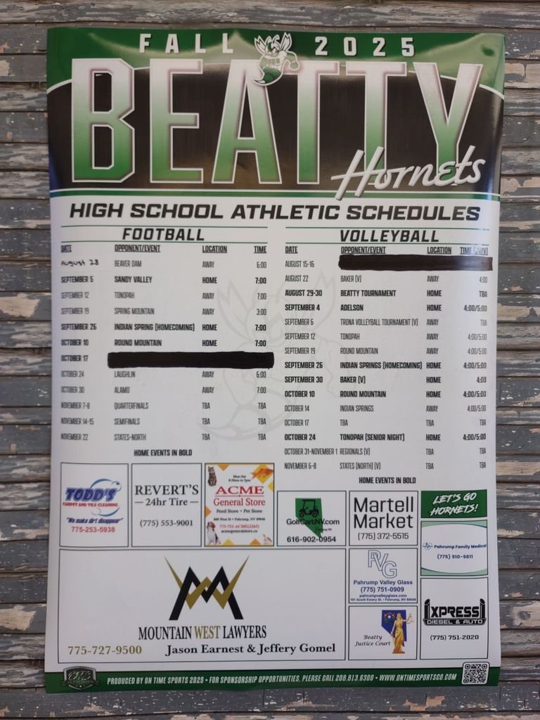 Hornet Nation Fall sports schedules 2025-2026 HS FB & VB
