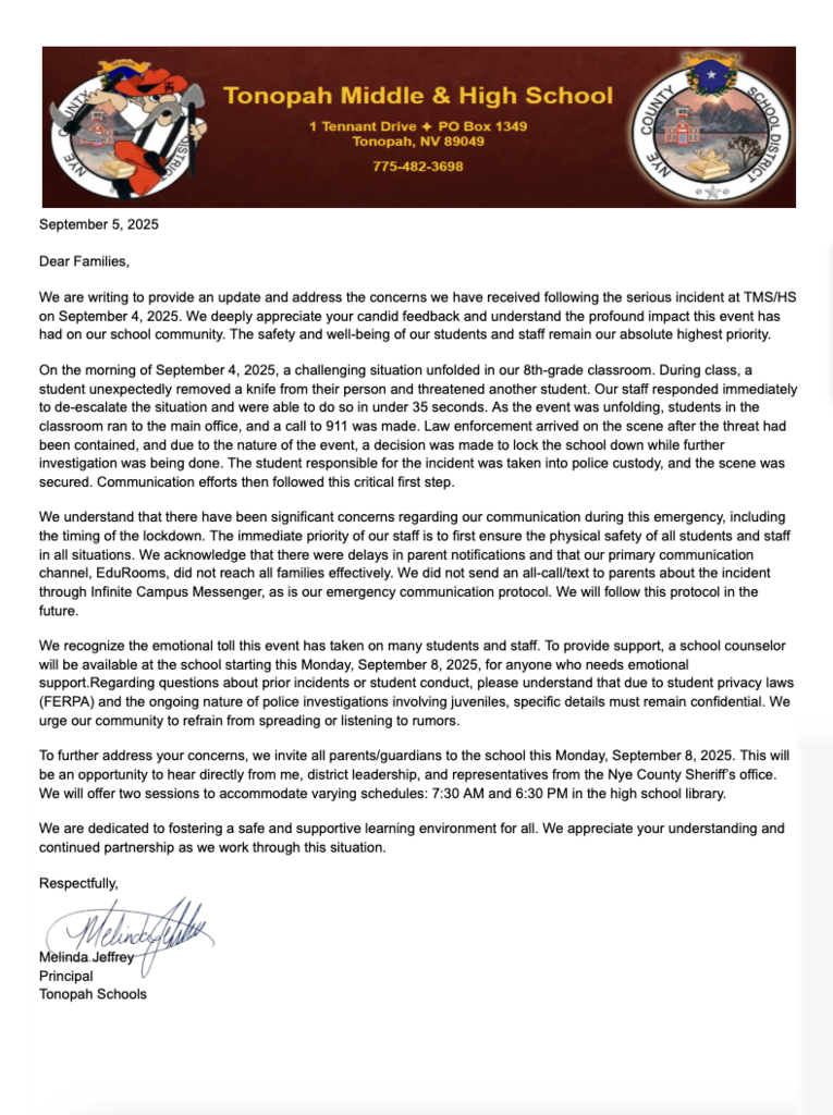 Letter to Guardians about the incident of 9/4/25