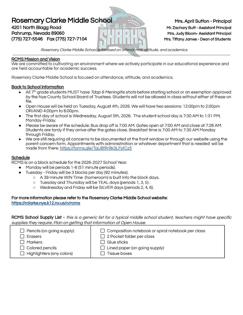 RCMS Back to School Info