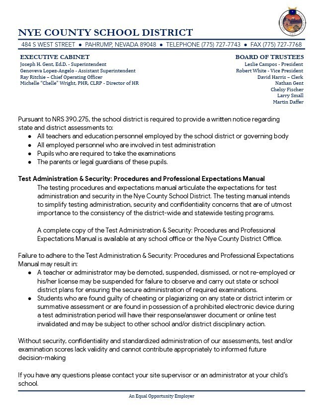 Notice regarding state and school district assessments
