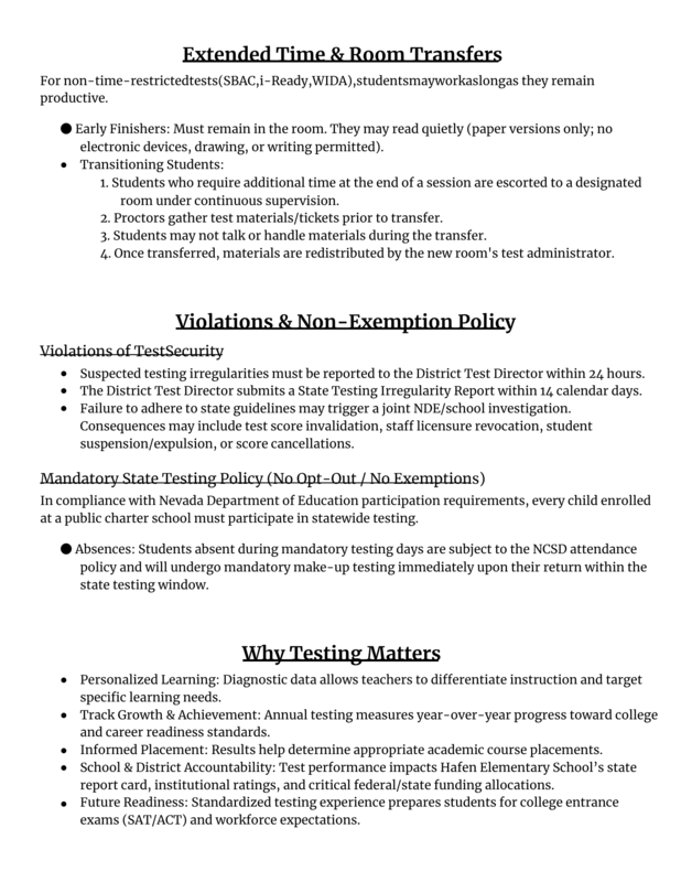 Information regarding upcoming testing.