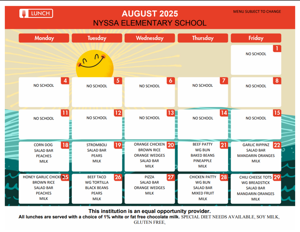 Aug Lunch Menu