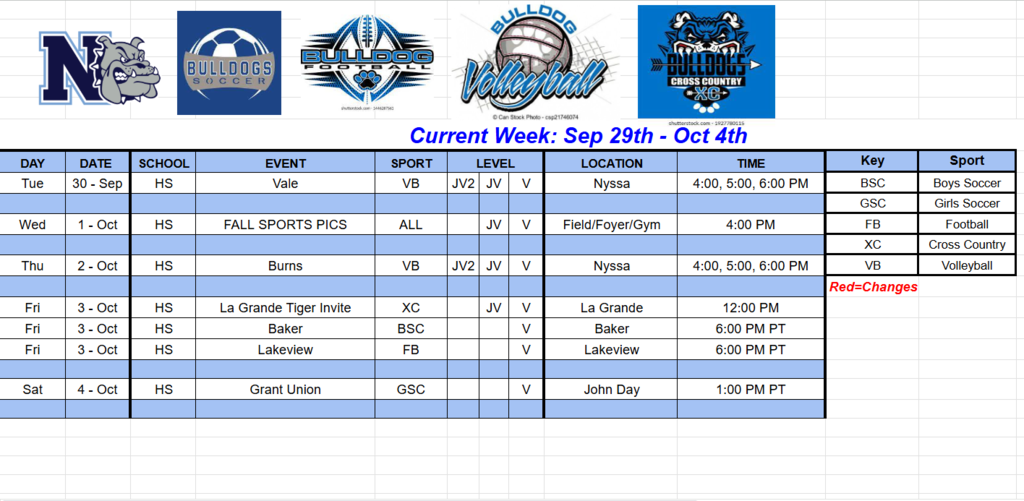 NHS Sports Schedule