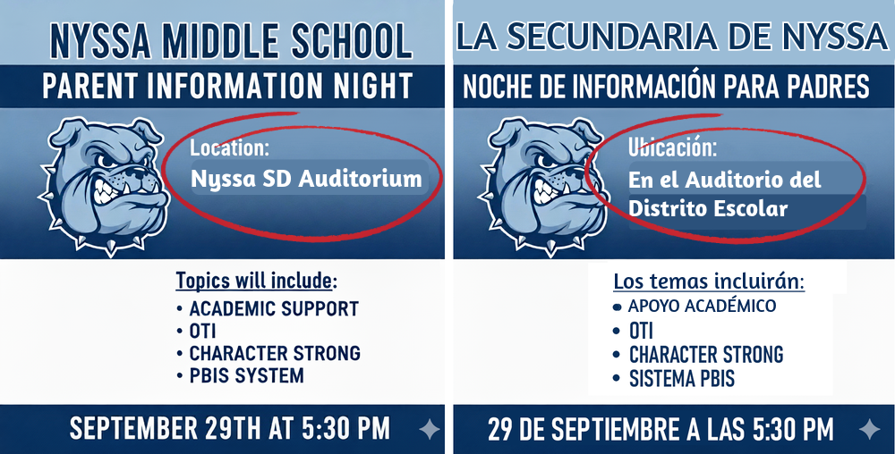 Middel School Parent Info Night moved to the Auditorium Sept. 29th 5:30pm