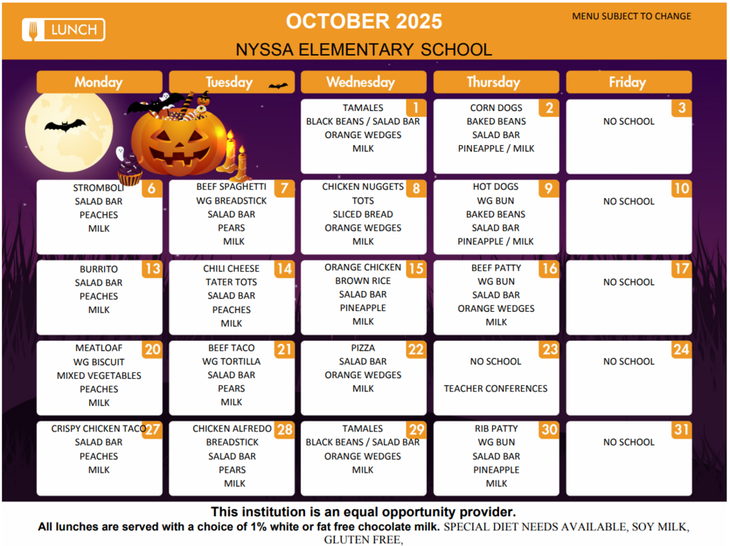 October NES Lunch Menu