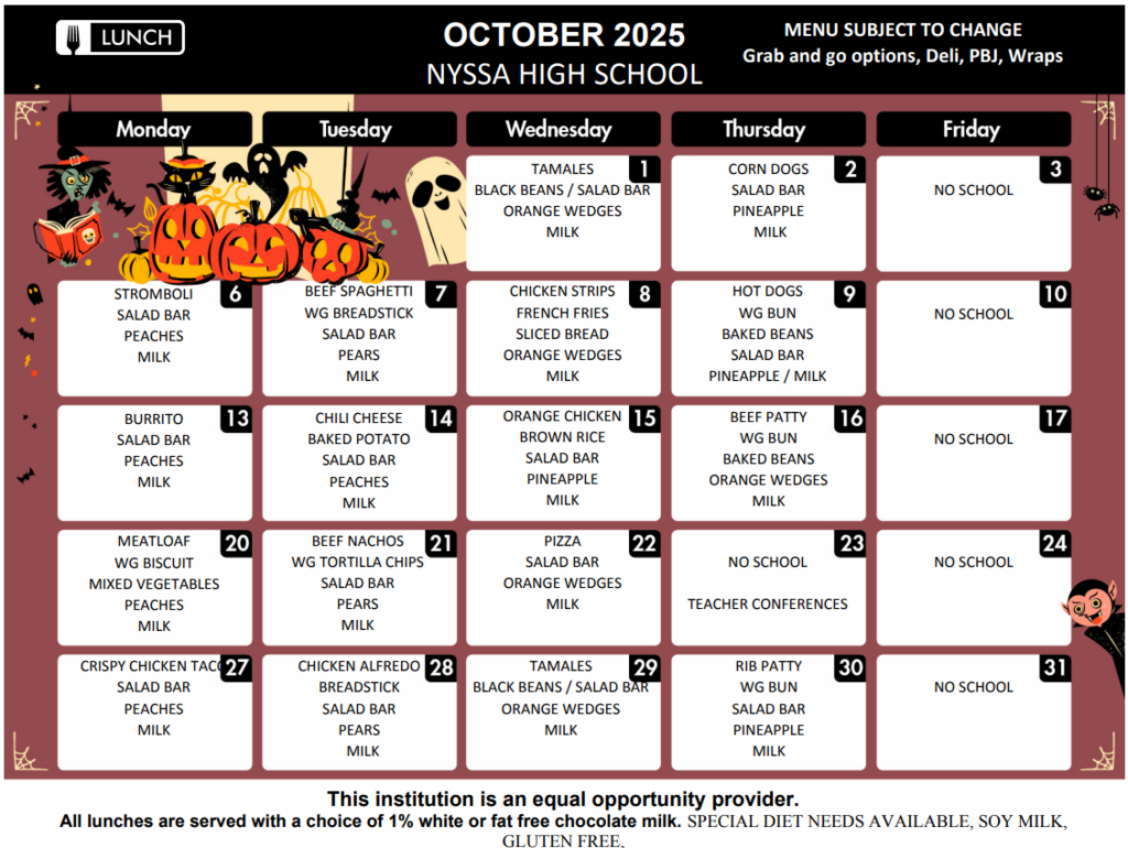 October NHS Lunch Menu