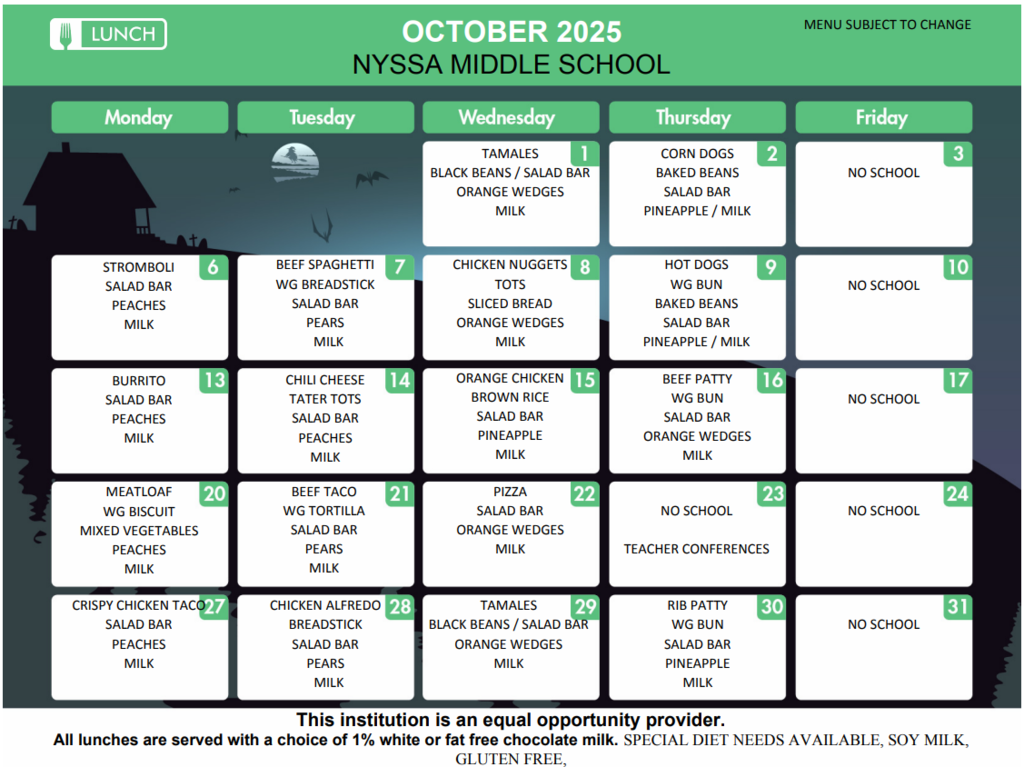 October NMS Lunch Menu