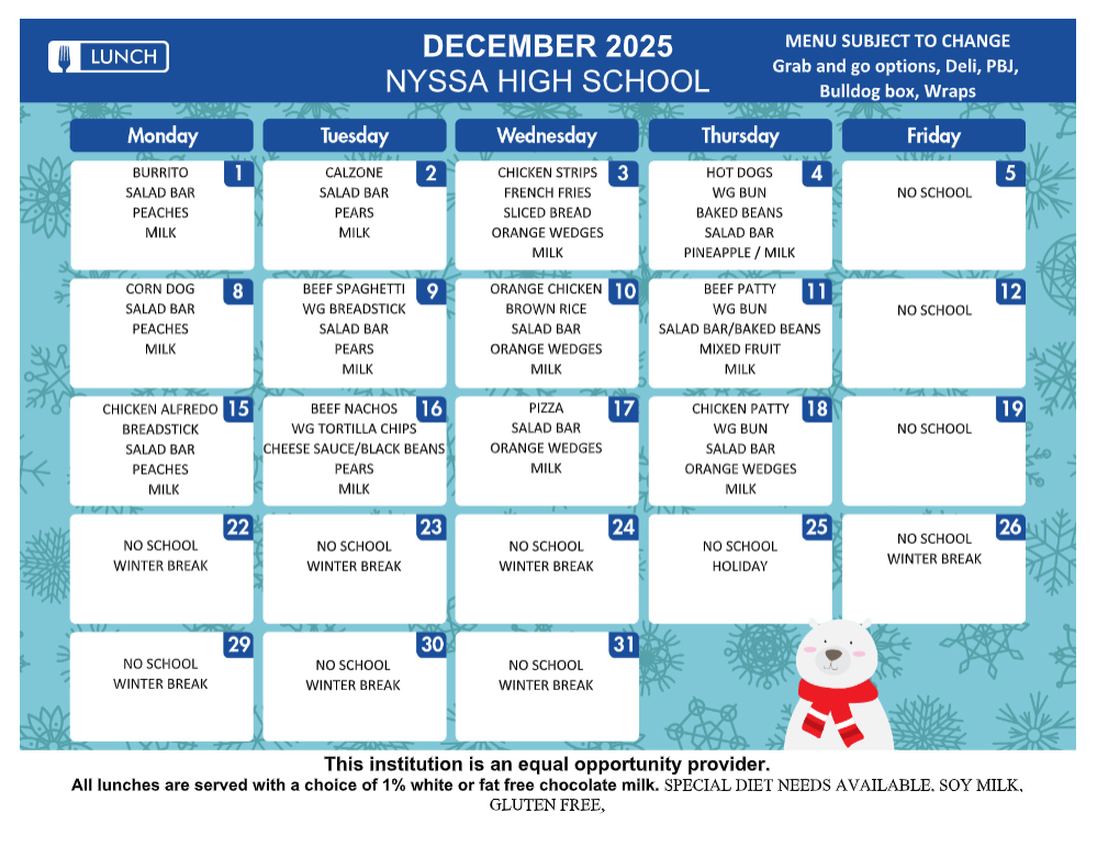 Lunch Menu for December