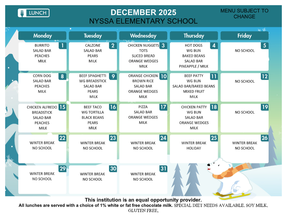 Lunch Menu for December