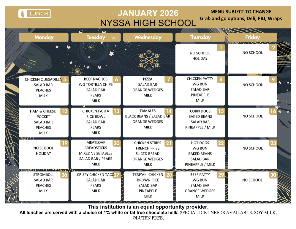 Lunch Menu for January