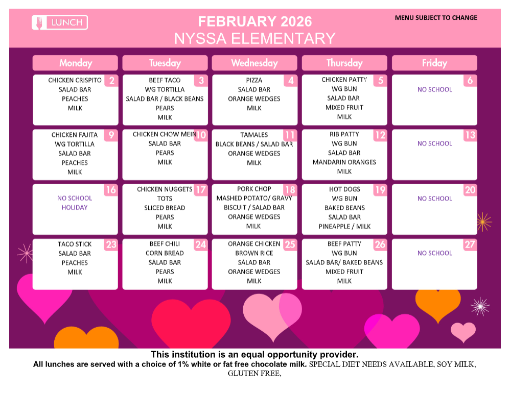 Lunch Menu for February