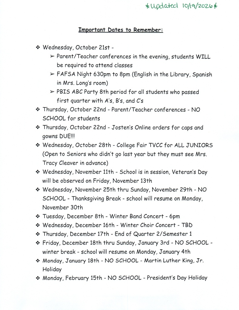 Upcoming Dates