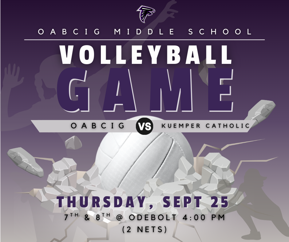 Middle School Volleyball game advertisement for Thursday, Sept 25 at 4 PM in Odebolt.
