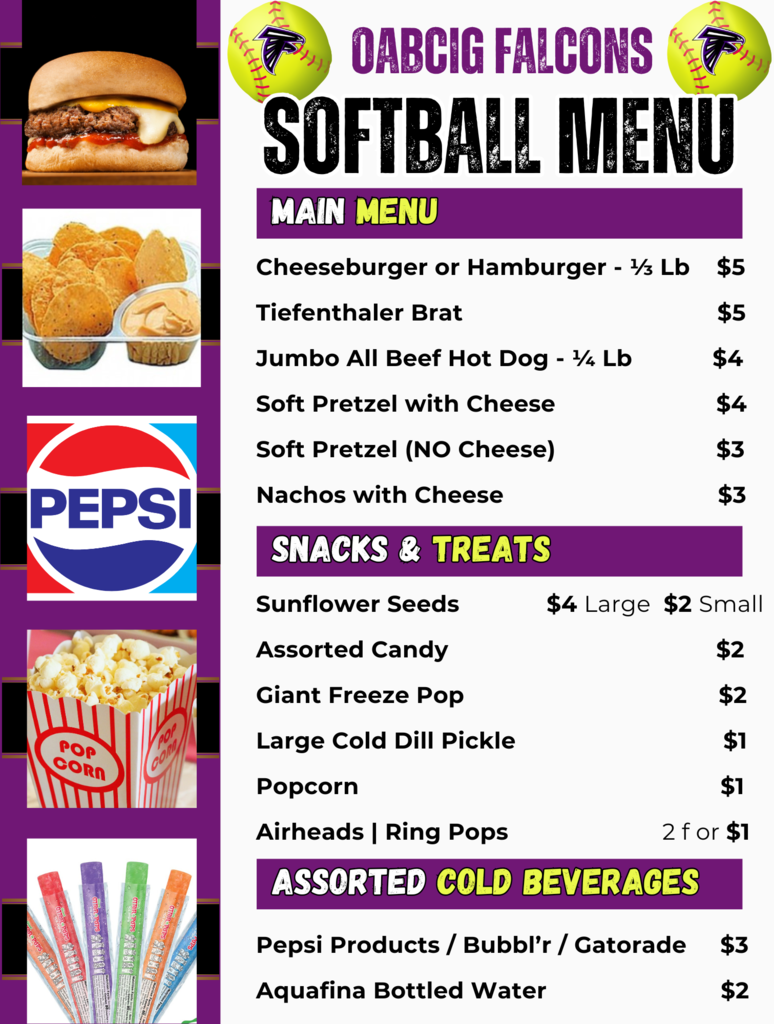 Softball Concession Menu
