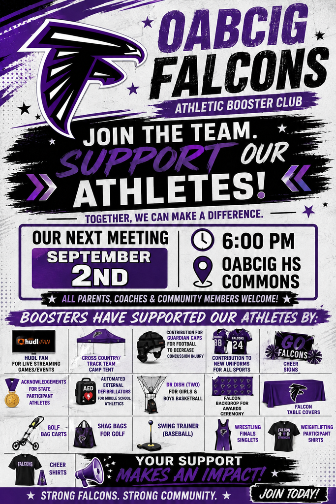OABCIG Athletic Booster Club Meeting September 2nd at 6 PM in OABCIG High School Commons