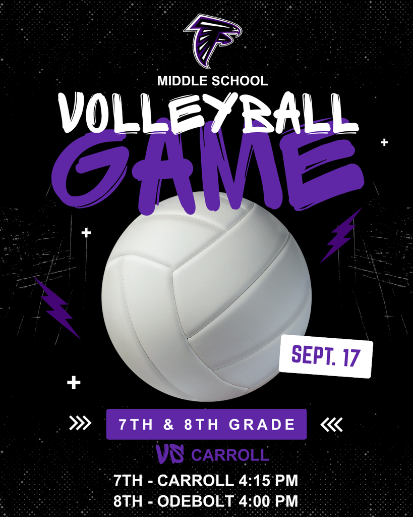 MS Volleyball game vs Carroll 9/17. 7th Grade in carroll at 4:15 pm, 8th grade in odebolt at 4 PM