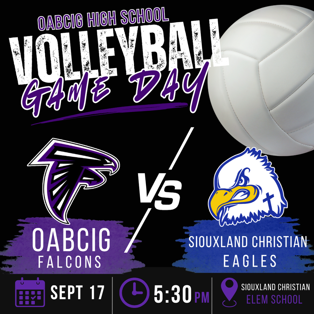 OABCIG High School Volleyball game vs Siouxland Christian in Sioux City starting at 5:30 PM