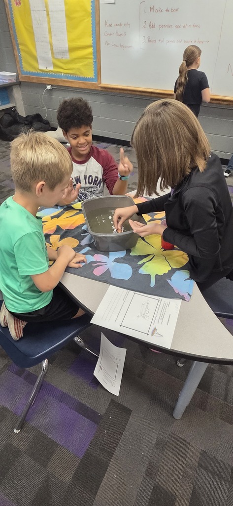 3rd Grade did a fun activity with Mrs. Masters. Students were given a challenge to design and build a boat out of one piece of tin foil. Then they had to see how many pennies it could hold. They worked together to design, create and re-create their designs!