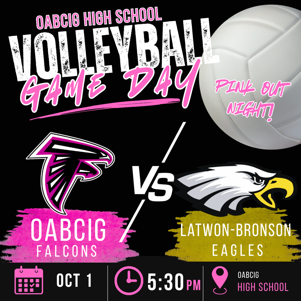 OABCIG High School Volleyball 10/1 home game vs Lawton-Bronson at 5:30 PM. Pink Out Night