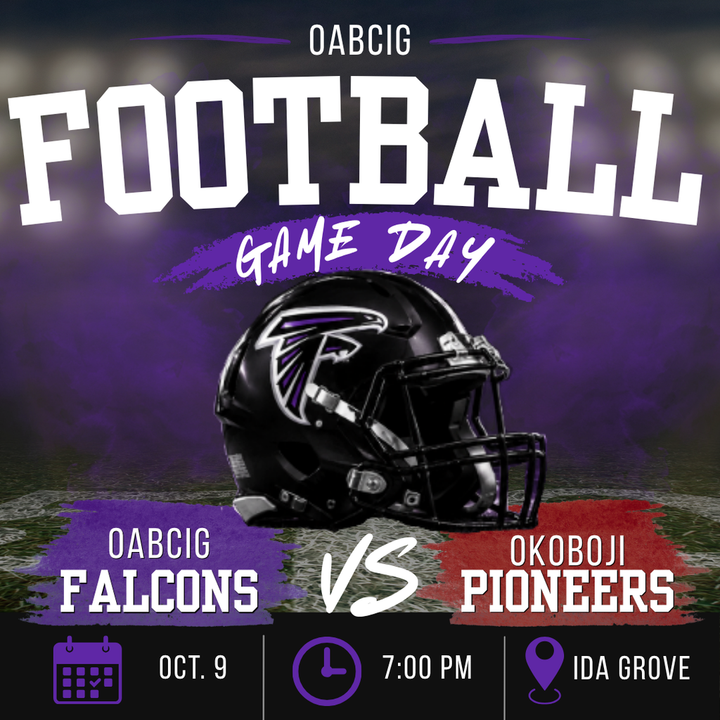 OABCIG High School Football vs Okoboji. Friday, October 9 at 7 PM in Ida Grove