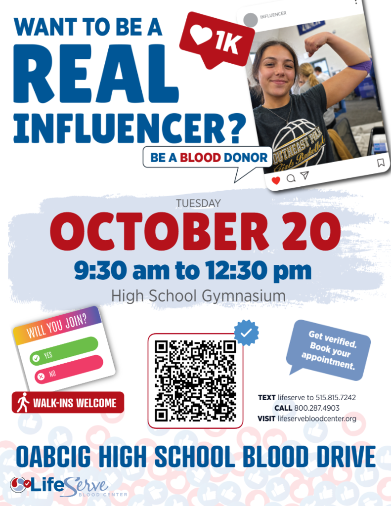 High School Blood Drive on October 20 (9:30 AM to 12:30 PM) in the High School Gym