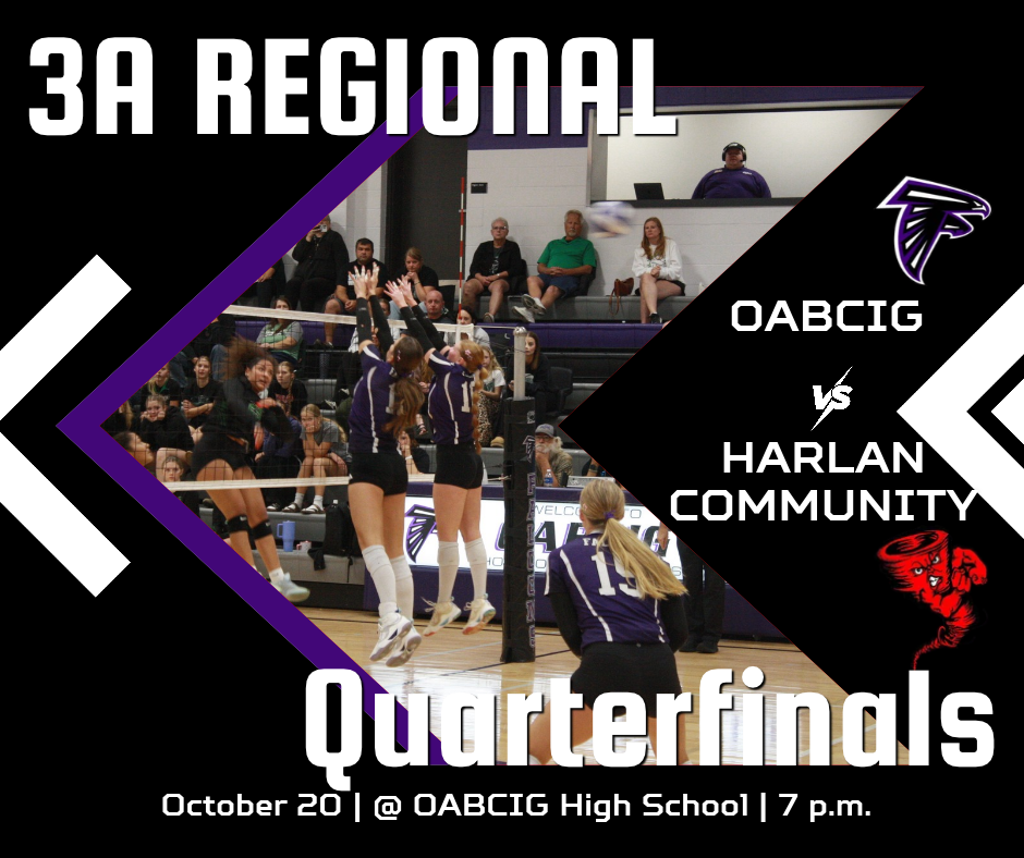 OABCIG Volleyball host Harlan Community for 3A Regional Quarterfinals 10/20 at 7 PM at Ida Grove High School