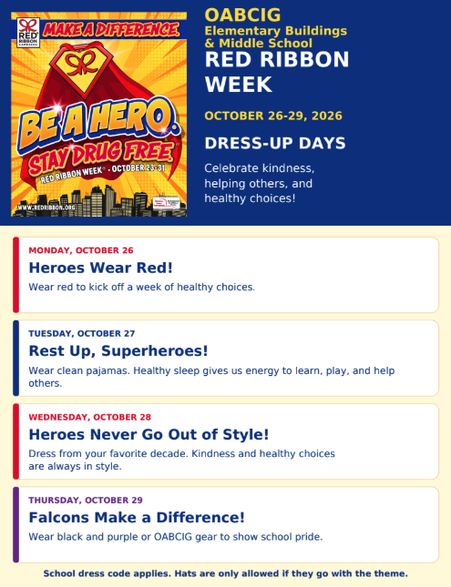 Red Ribbon Week dress-up days for OABCIG Elementarys & Middle School