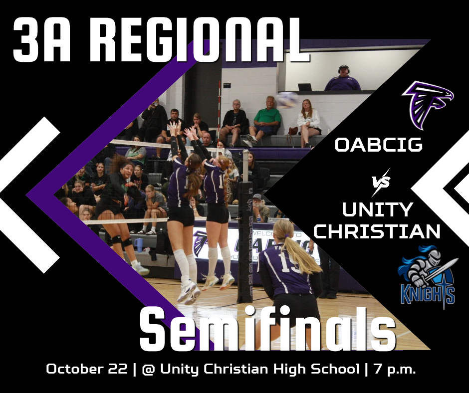 OABCIG Volleyball in 3A Regionals Semifinals vs Unity Christian on October 22 @ Unity Christian High School, Orange City at 7 p.m.