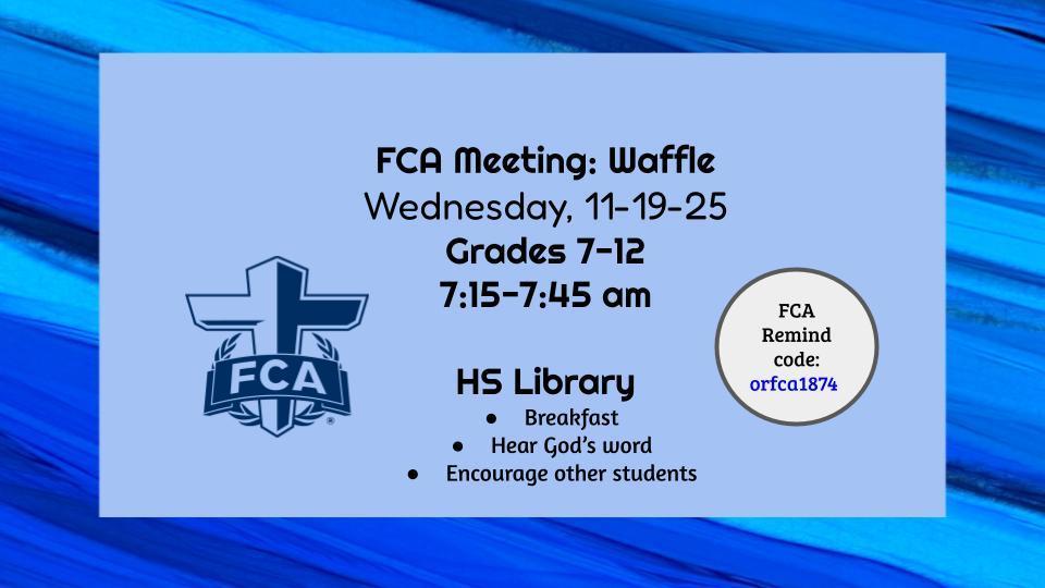 Fellowship of Christain Anyones, waffle Wednesday, Tomorrow, Nov 19, 2025; devotion led by Molly Hahs