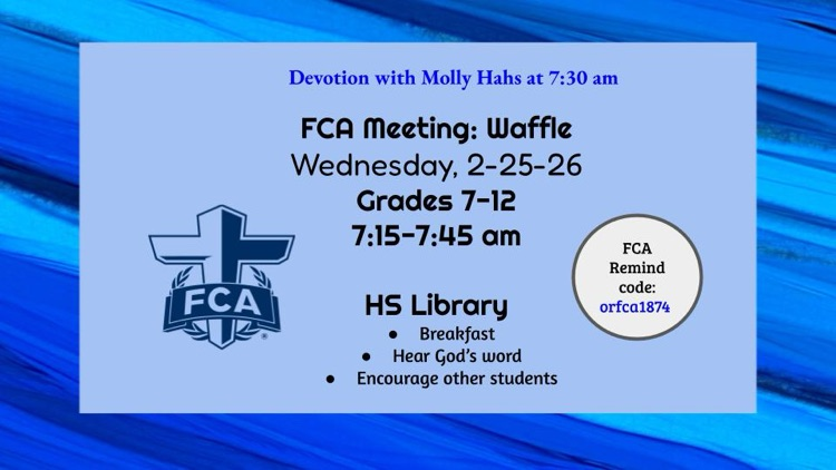 fellowship of Christian anyones waffle Wednesday, Feb 25