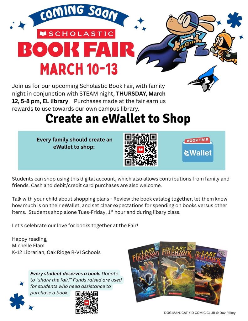 Elementary book fair, March 12, 5-8 pm, Elementary library