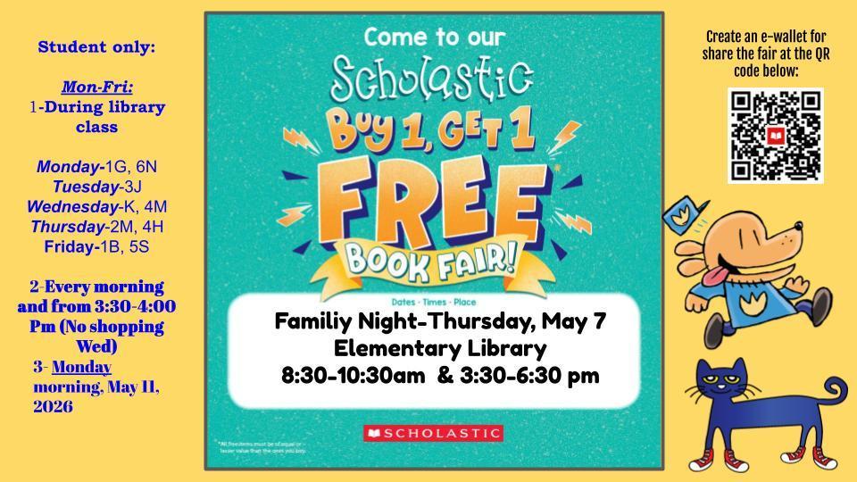 Elementary buy one, get one book fair, May 4-8, 2026