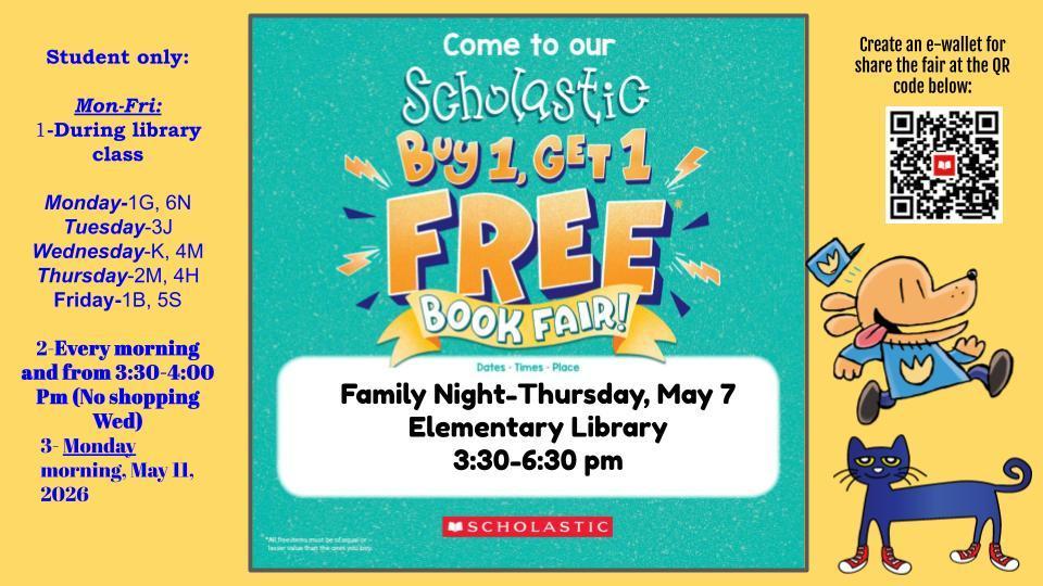 Buy one get one book fair, family night, May 7, 3:30-6:30