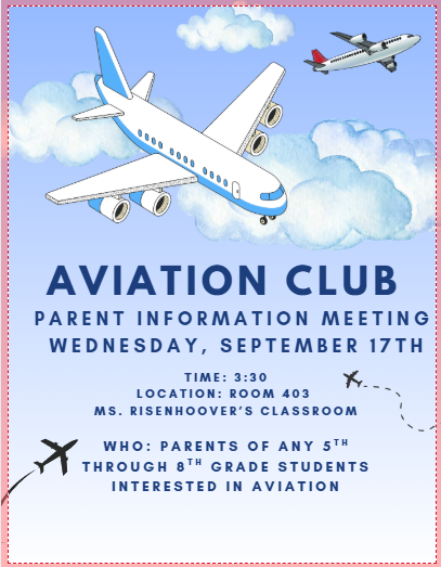 Blue flyers with planes and information about Aviation Club Information Meetings. 