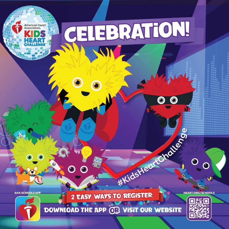 Image of superhero hearts with the text American Heart Association Kids Heart Challenge 2 Ways to register : Download the app aha schools app or visit our website heart.org/schools