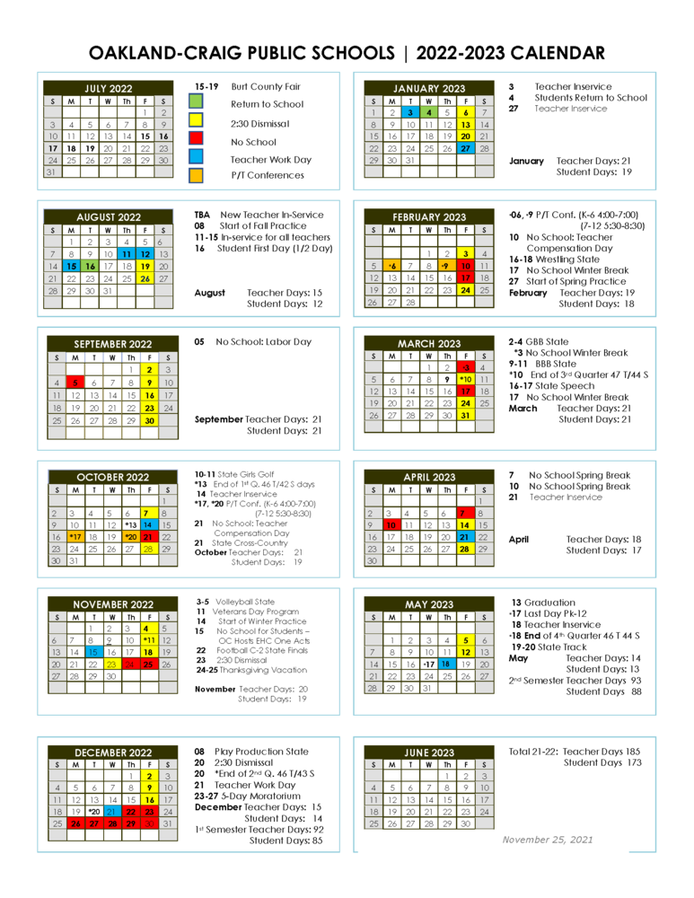 2022-2023 Calendar | Oakland-Craig Public Schools