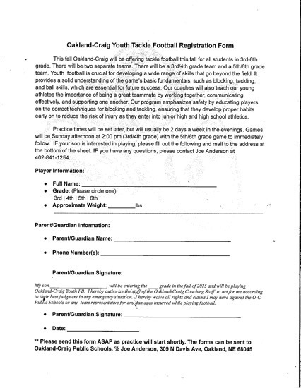Youth Tackle Football Form