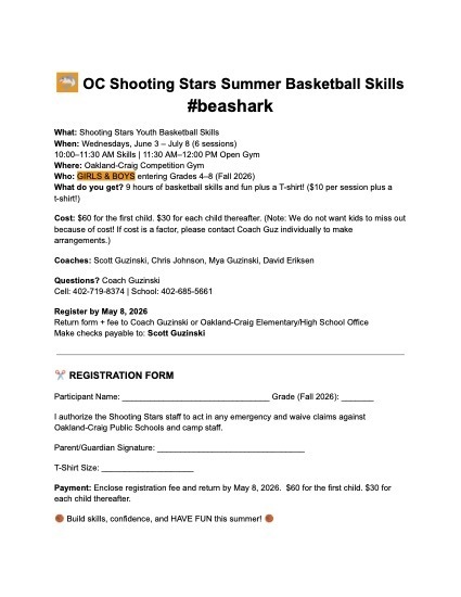 Shooting Stars Basketball Skills, Wednesdays, June 3-July 8, 10-11:30
