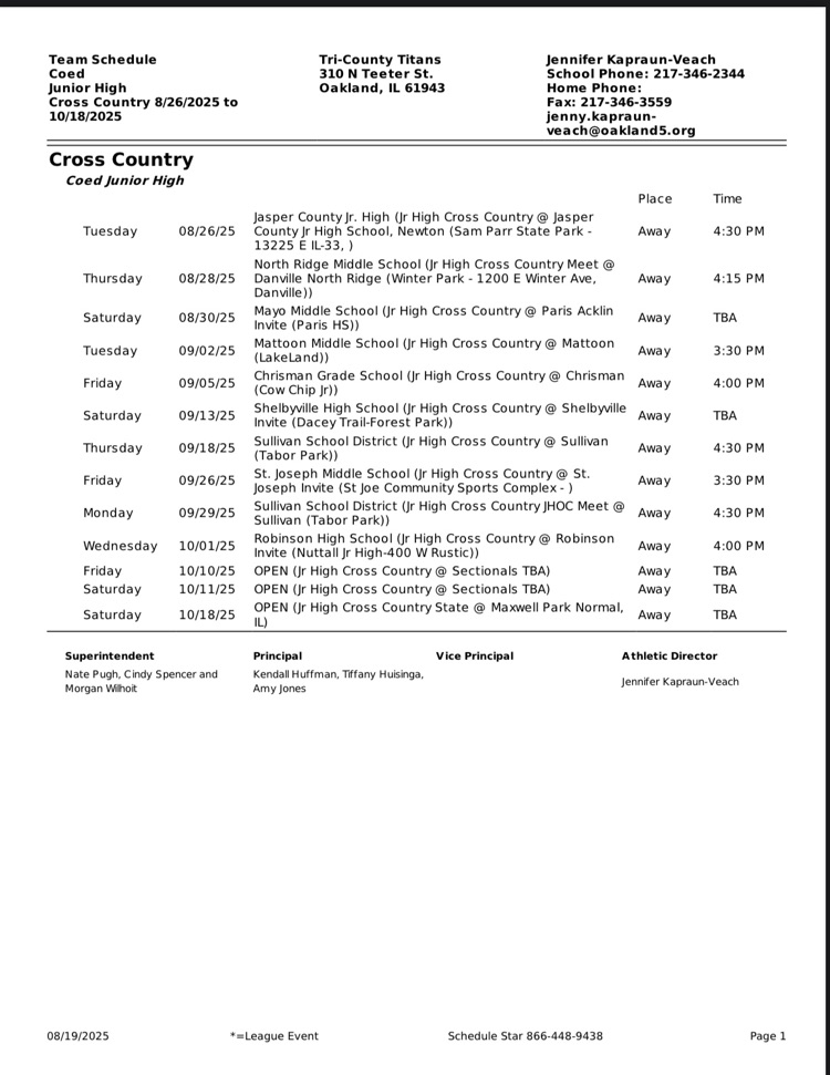 REVISED 2025-2026 Jr High Cross Country Scheule