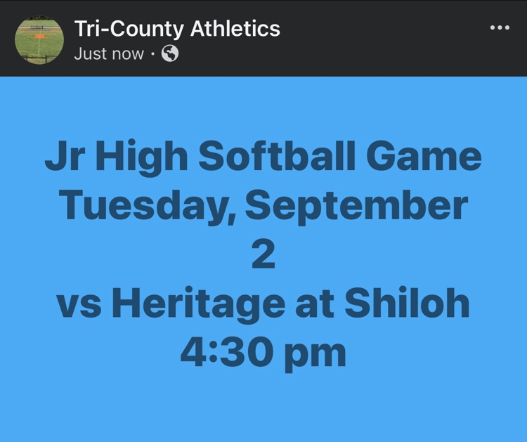 Jr High Softball Game on Tuesday, September 2 vs Heritage at Shiloh 4:30 pm