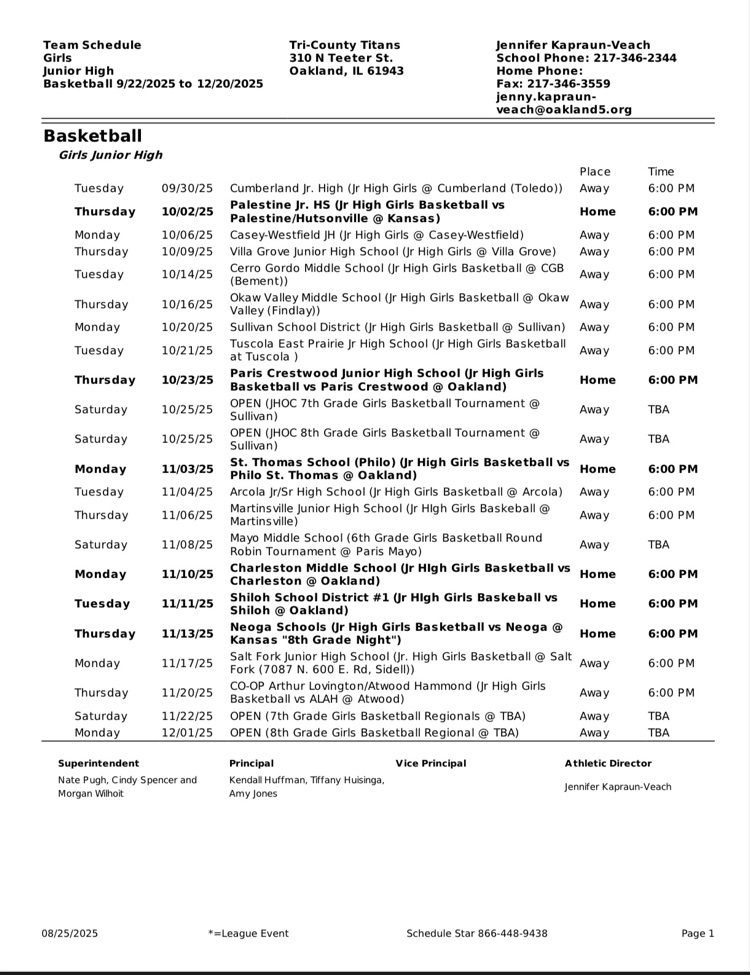 25-26 Tri-County Jr High Girls Basketball Schedule