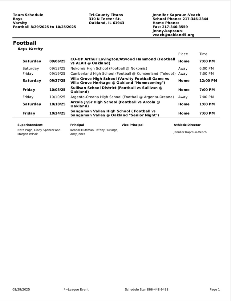 Revised 2025-2026 Tri-County Varsity Football Schedule