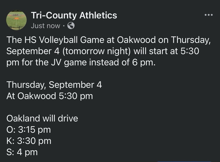HS Volleyball Game Time Change for 9/4 game