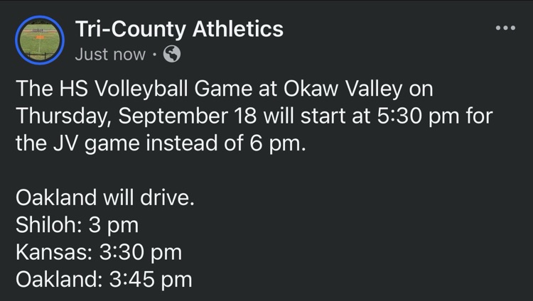 HS Volleyball Game time change for 9/18
