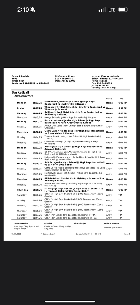 2025-2026 Tri-County Jr High Boys Basketball Schedule 