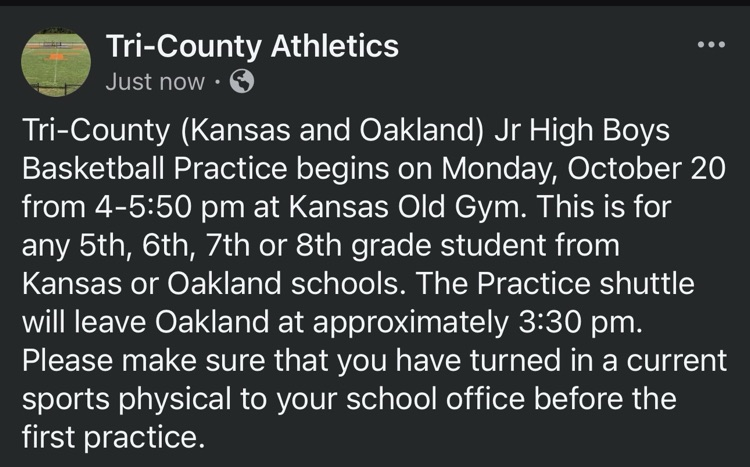 Jr High Boys Basketball practice starting on Monday, October 20