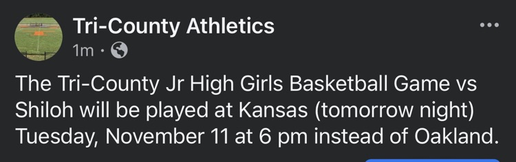 Tri-County Jr High Girls Basketball Game location change for 11/11/25