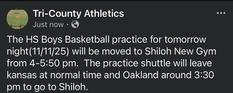 Tri-County HS Boys Basketball Practice location change for 11/11/25